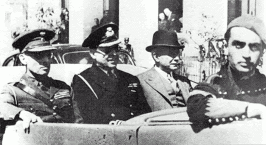 Ο Βασιλεύς Γεώργιος Β΄ μετά του διαδόχου Παύλου και του Πρωθυπουργού Αλεξάνδρου Κοριζή, περιερχόμενοι τους κεντρικούς δρόμους των Αθηνών κατά την πρώτη ημέρα της κηρύξεως του πολέμου κατά της Γερμανίας.